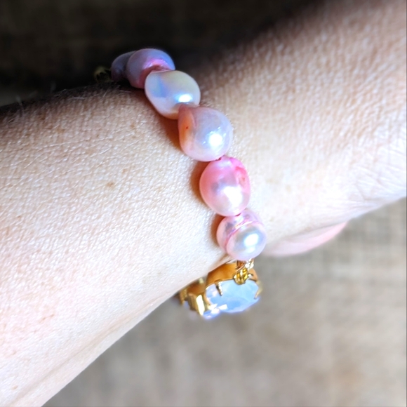 Pink Opal Blush & Pink Baroque Pearl Bracelet in 14K Gold Plated - Picture 7 of 7